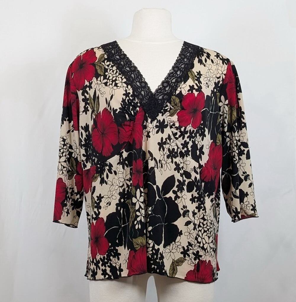 Vintage Y2K Top Tan Floral Print Split Sleeve Whimsygoth Women's Size 1X